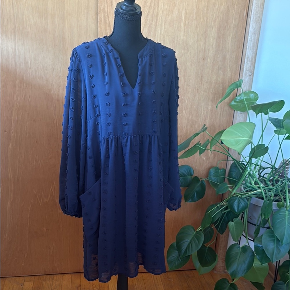 JODIFL Navy Textured Long-Sleeve Tunic Dress